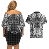 Hawaii Palaka Couples Matching Off Shoulder Short Dress and Hawaiian Shirt Black Tribal Pattern With Tropical Flowers LT05 - Polynesian Pride