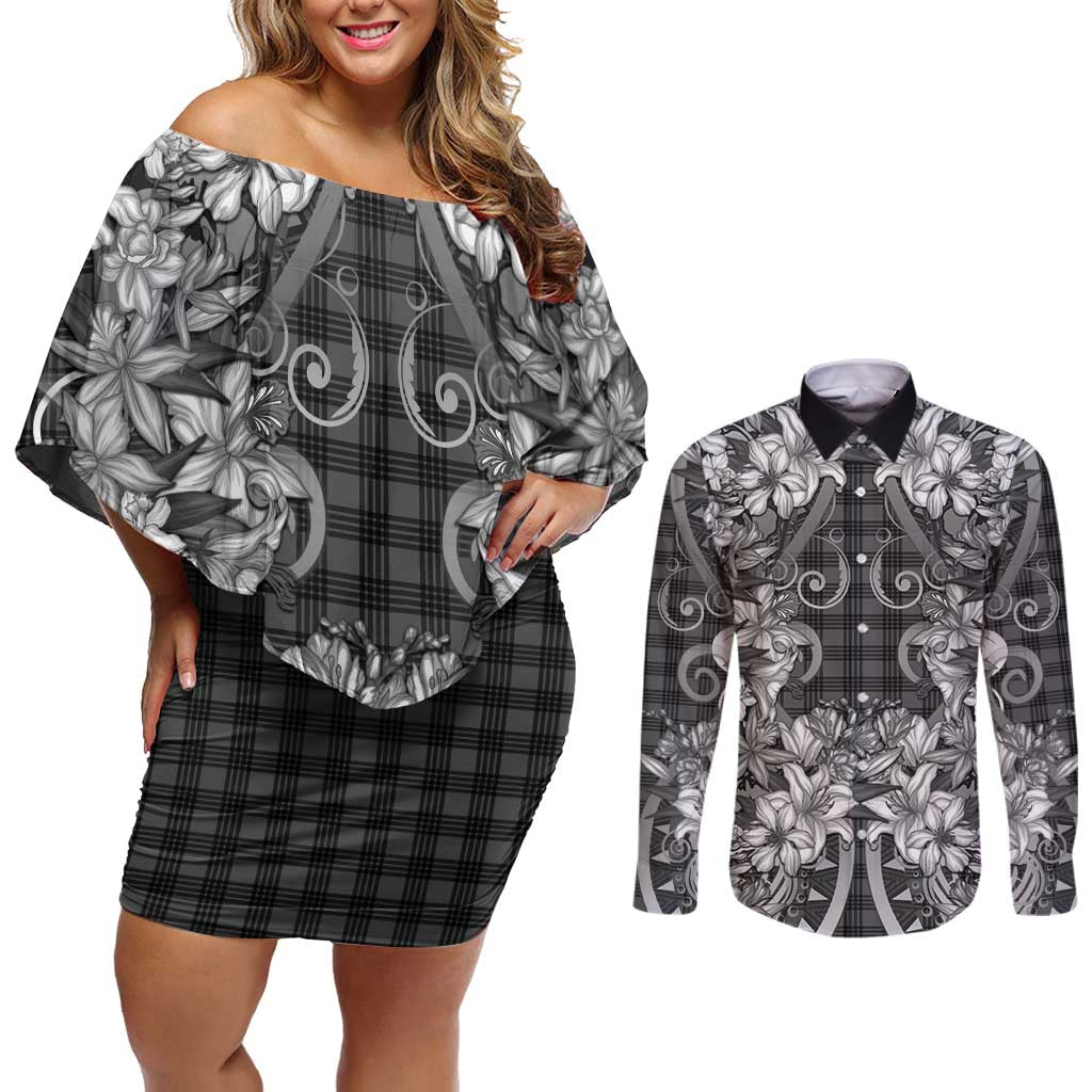 Hawaii Palaka Couples Matching Off Shoulder Short Dress and Long Sleeve Button Shirt Black Tribal Pattern With Tropical Flowers LT05 Black - Polynesian Pride
