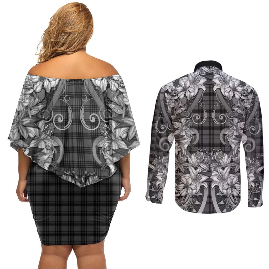 Hawaii Palaka Couples Matching Off Shoulder Short Dress and Long Sleeve Button Shirt Black Tribal Pattern With Tropical Flowers LT05 - Polynesian Pride