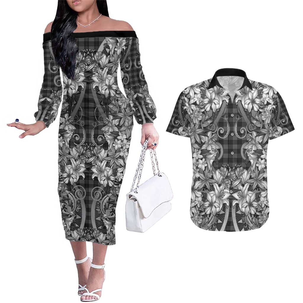 Hawaii Palaka Couples Matching Off The Shoulder Long Sleeve Dress and Hawaiian Shirt Black Tribal Pattern With Tropical Flowers LT05 Black - Polynesian Pride