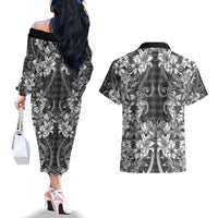 Hawaii Palaka Couples Matching Off The Shoulder Long Sleeve Dress and Hawaiian Shirt Black Tribal Pattern With Tropical Flowers LT05 - Polynesian Pride