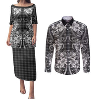 Hawaii Palaka Couples Matching Puletasi and Long Sleeve Button Shirt Black Tribal Pattern With Tropical Flowers - Polynesian Pride