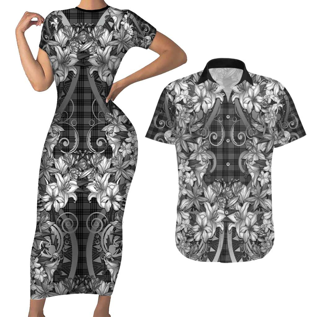 Hawaii Palaka Couples Matching Short Sleeve Bodycon Dress and Hawaiian Shirt Black Tribal Pattern With Tropical Flowers LT05 Black - Polynesian Pride