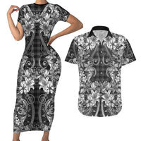 Hawaii Palaka Couples Matching Short Sleeve Bodycon Dress and Hawaiian Shirt Black Tribal Pattern With Tropical Flowers LT05 Black - Polynesian Pride