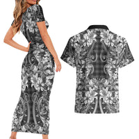 Hawaii Palaka Couples Matching Short Sleeve Bodycon Dress and Hawaiian Shirt Black Tribal Pattern With Tropical Flowers LT05 - Polynesian Pride