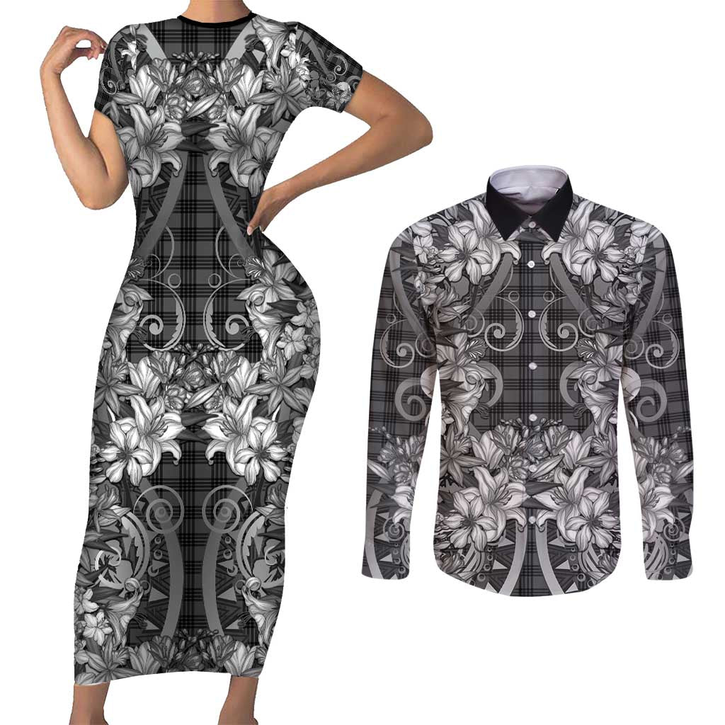 Hawaii Palaka Couples Matching Short Sleeve Bodycon Dress and Long Sleeve Button Shirt Black Tribal Pattern With Tropical Flowers LT05 Black - Polynesian Pride