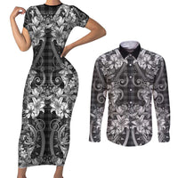 Hawaii Palaka Couples Matching Short Sleeve Bodycon Dress and Long Sleeve Button Shirt Black Tribal Pattern With Tropical Flowers LT05 Black - Polynesian Pride