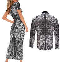 Hawaii Palaka Couples Matching Short Sleeve Bodycon Dress and Long Sleeve Button Shirt Black Tribal Pattern With Tropical Flowers LT05 - Polynesian Pride