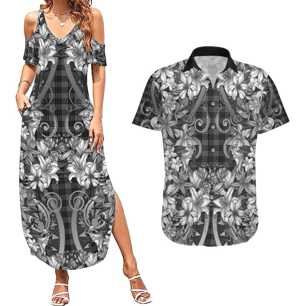 Hawaii Palaka Couples Matching Summer Maxi Dress and Hawaiian Shirt Black Tribal Pattern With Tropical Flowers LT05 Black - Polynesian Pride