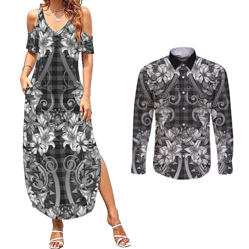 Hawaii Palaka Couples Matching Summer Maxi Dress and Long Sleeve Button Shirt Black Tribal Pattern With Tropical Flowers LT05 Black - Polynesian Pride
