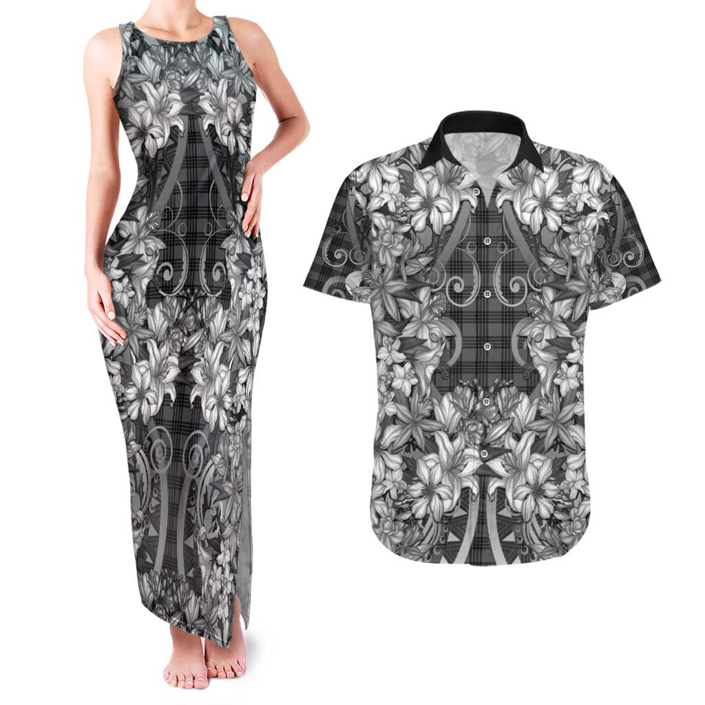 Hawaii Palaka Couples Matching Tank Maxi Dress and Hawaiian Shirt Black Tribal Pattern With Tropical Flowers LT05 Black - Polynesian Pride