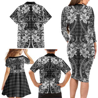 Hawaii Palaka Family Matching Long Sleeve Bodycon Dress and Hawaiian Shirt Black Tribal Pattern With Tropical Flowers LT05 - Polynesian Pride