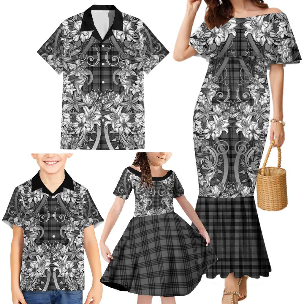 Hawaii Palaka Family Matching Mermaid Dress and Hawaiian Shirt Black Tribal Pattern With Tropical Flowers LT05 - Polynesian Pride
