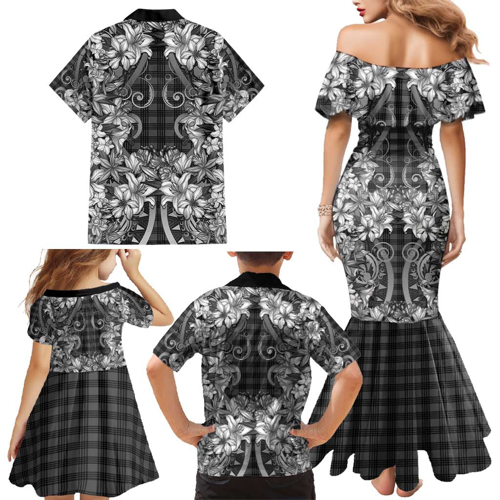 Hawaii Palaka Family Matching Mermaid Dress and Hawaiian Shirt Black Tribal Pattern With Tropical Flowers LT05 - Polynesian Pride