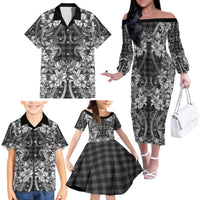 Hawaii Palaka Family Matching Off The Shoulder Long Sleeve Dress and Hawaiian Shirt Black Tribal Pattern With Tropical Flowers LT05 - Polynesian Pride