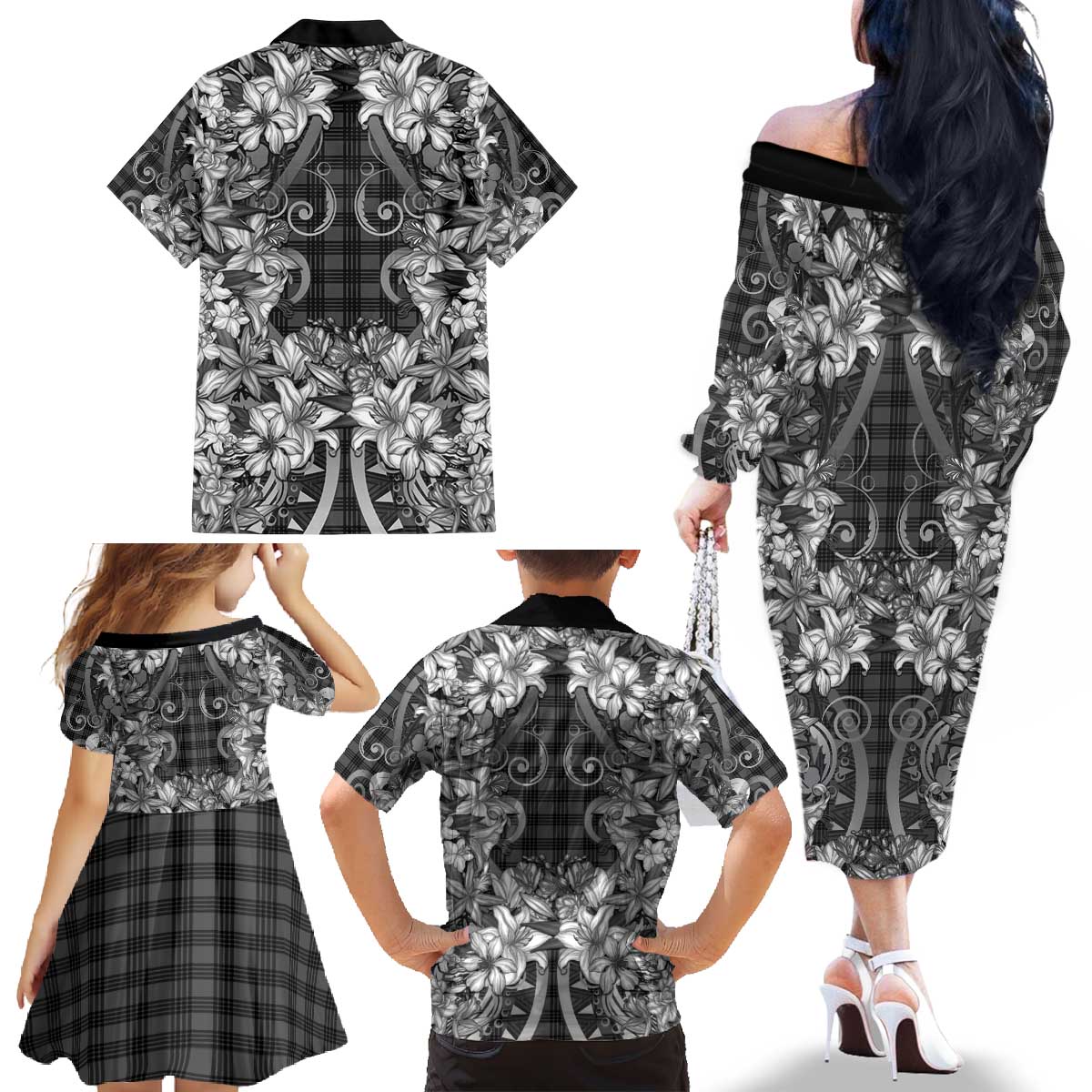 Hawaii Palaka Family Matching Off The Shoulder Long Sleeve Dress and Hawaiian Shirt Black Tribal Pattern With Tropical Flowers LT05 - Polynesian Pride