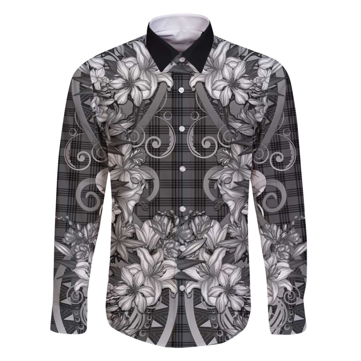 Hawaii Palaka Family Matching Off The Shoulder Long Sleeve Dress and Hawaiian Shirt Black Tribal Pattern With Tropical Flowers LT05 Dad's Shirt - Long Sleeve Black - Polynesian Pride