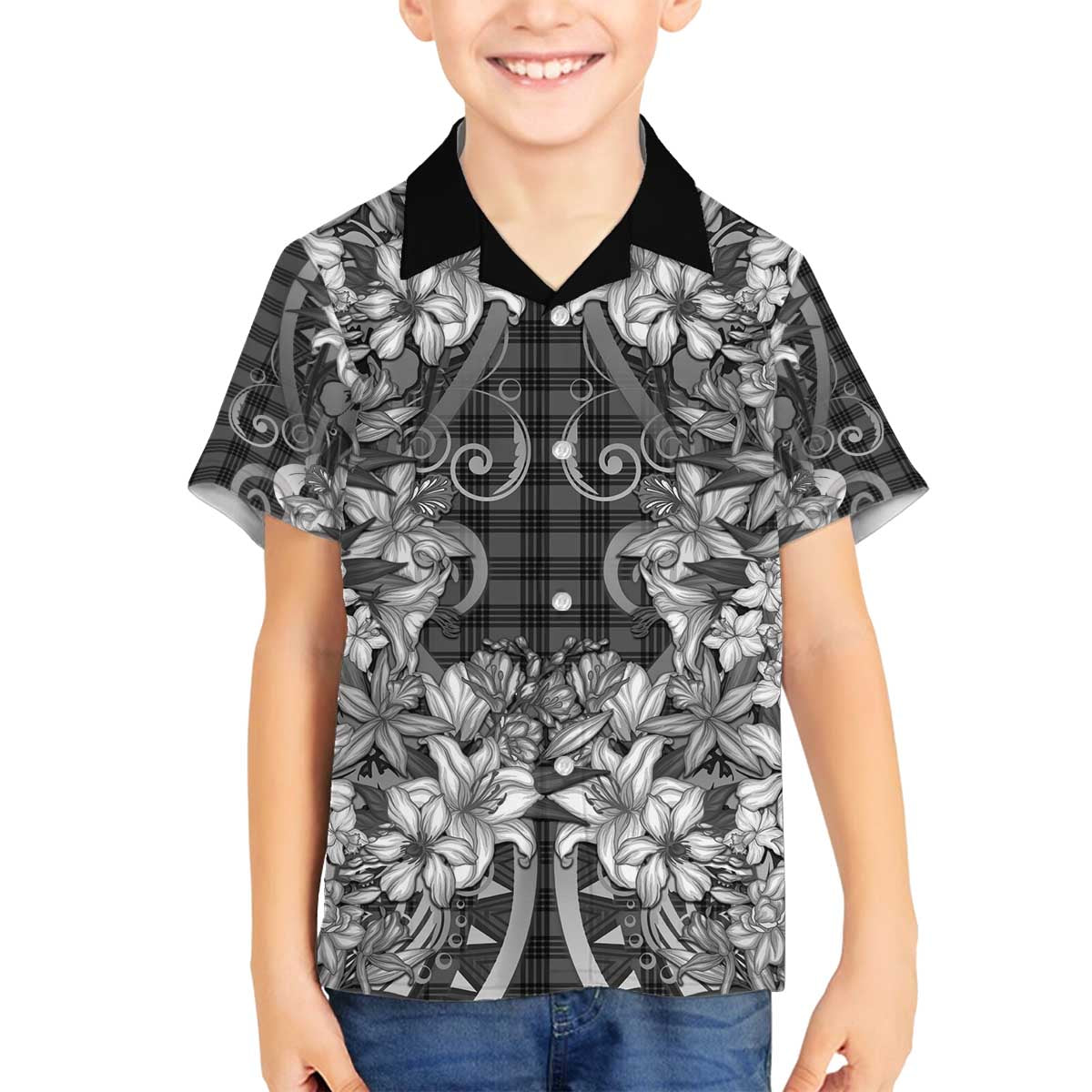 Hawaii Palaka Family Matching Off The Shoulder Long Sleeve Dress and Hawaiian Shirt Black Tribal Pattern With Tropical Flowers LT05 Son's Shirt Black - Polynesian Pride