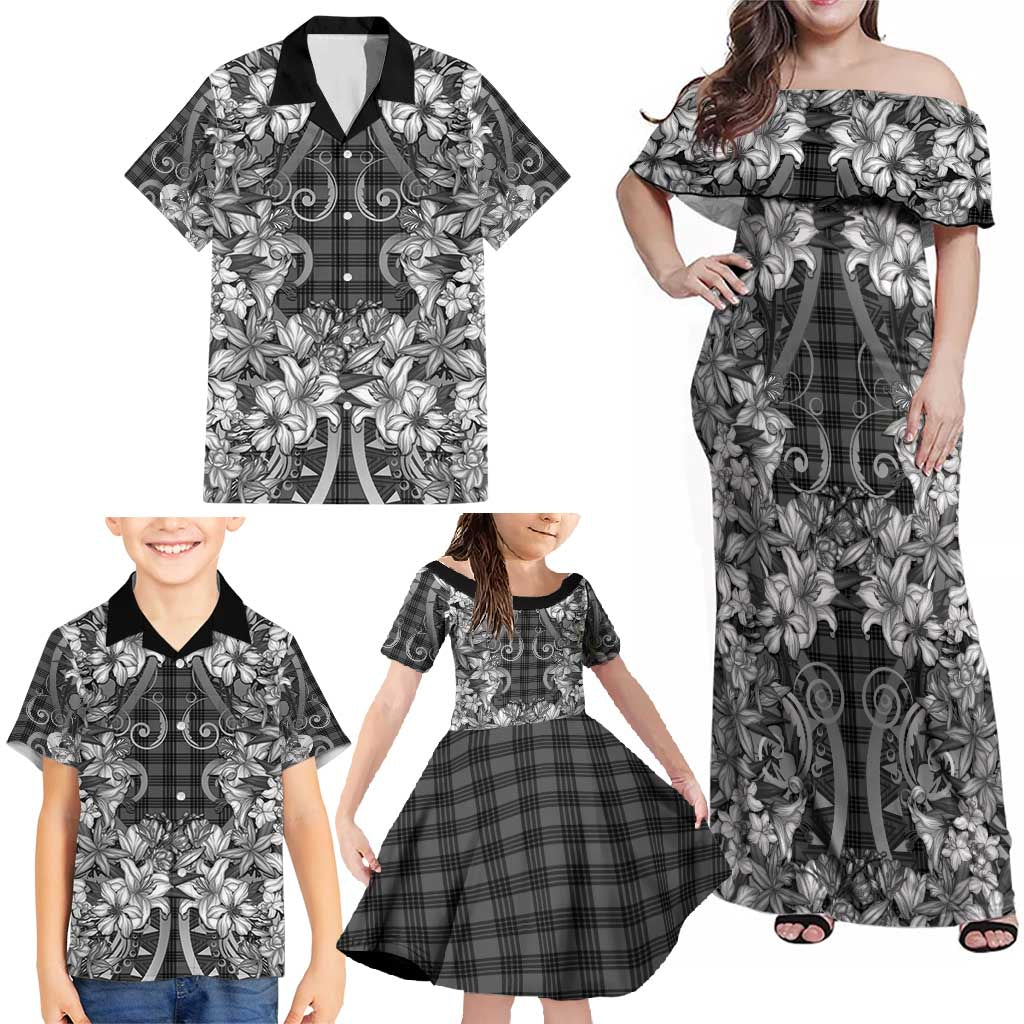Hawaii Palaka Family Matching Off Shoulder Maxi Dress and Hawaiian Shirt Black Tribal Pattern With Tropical Flowers LT05 - Polynesian Pride