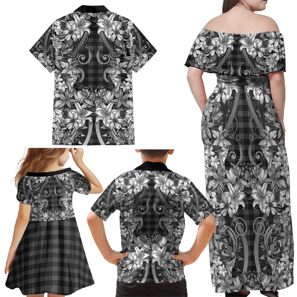 Hawaii Palaka Family Matching Off Shoulder Maxi Dress and Hawaiian Shirt Black Tribal Pattern With Tropical Flowers LT05 - Polynesian Pride