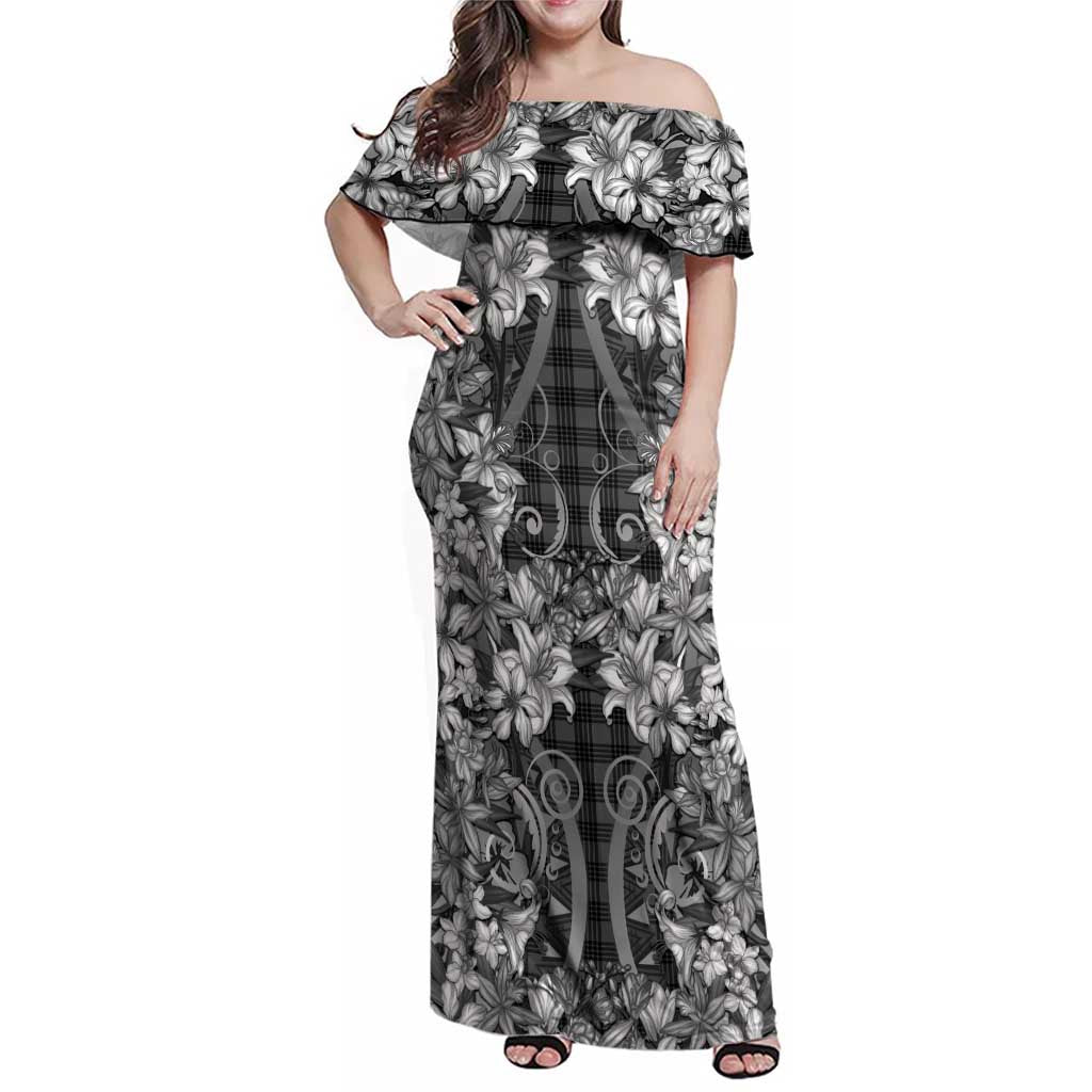 Hawaii Palaka Family Matching Off Shoulder Maxi Dress and Hawaiian Shirt Black Tribal Pattern With Tropical Flowers LT05 Mom's Dress Black - Polynesian Pride