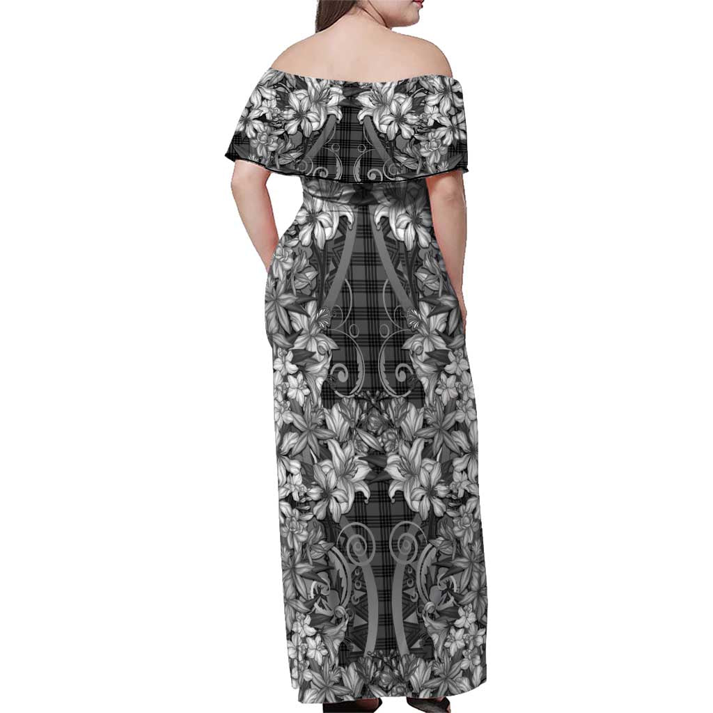 Hawaii Palaka Family Matching Off Shoulder Maxi Dress and Hawaiian Shirt Black Tribal Pattern With Tropical Flowers LT05 - Polynesian Pride