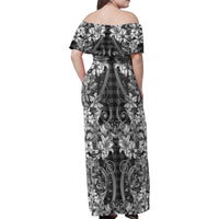 Hawaii Palaka Family Matching Off Shoulder Maxi Dress and Hawaiian Shirt Black Tribal Pattern With Tropical Flowers LT05 - Polynesian Pride