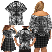 Hawaii Palaka Family Matching Off Shoulder Short Dress and Hawaiian Shirt Black Tribal Pattern With Tropical Flowers LT05 - Polynesian Pride