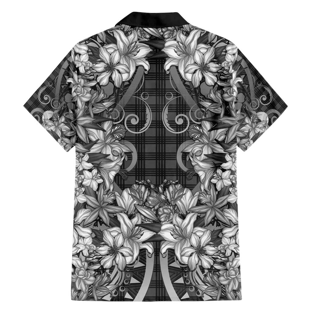 Hawaii Palaka Family Matching Off Shoulder Short Dress and Hawaiian Shirt Black Tribal Pattern With Tropical Flowers LT05 - Polynesian Pride