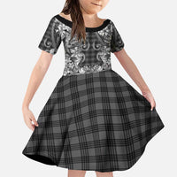Hawaii Palaka Family Matching Puletasi and Hawaiian Shirt Black Tribal Pattern With Tropical Flowers LT05 Daughter's Dress Black - Polynesian Pride