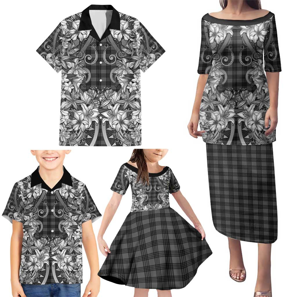 Hawaii Palaka Family Matching Puletasi and Hawaiian Shirt Black Tribal Pattern With Tropical Flowers LT05 - Polynesian Pride