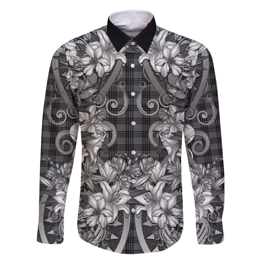 Hawaii Palaka Family Matching Puletasi and Hawaiian Shirt Black Tribal Pattern With Tropical Flowers LT05 Dad's Shirt - Long Sleeve Black - Polynesian Pride
