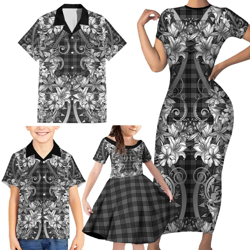 Hawaii Palaka Family Matching Short Sleeve Bodycon Dress and Hawaiian Shirt Black Tribal Pattern With Tropical Flowers LT05 - Polynesian Pride