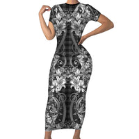 Hawaii Palaka Family Matching Short Sleeve Bodycon Dress and Hawaiian Shirt Black Tribal Pattern With Tropical Flowers LT05 Mom's Dress Black - Polynesian Pride
