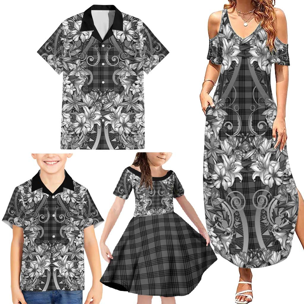 Hawaii Palaka Family Matching Summer Maxi Dress and Hawaiian Shirt Black Tribal Pattern With Tropical Flowers LT05 - Polynesian Pride