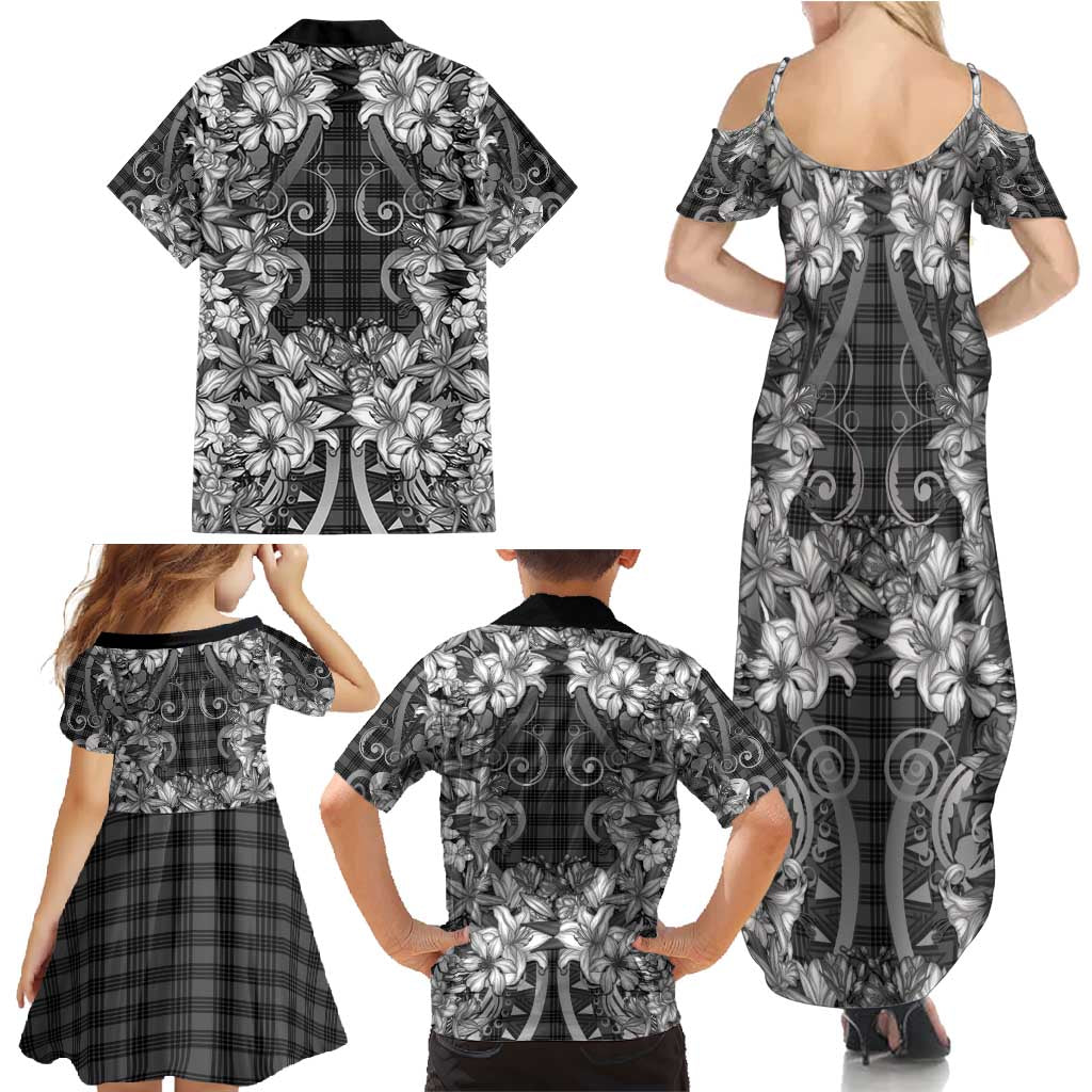 Hawaii Palaka Family Matching Summer Maxi Dress and Hawaiian Shirt Black Tribal Pattern With Tropical Flowers LT05 - Polynesian Pride