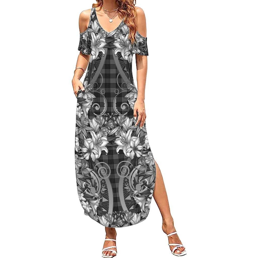 Hawaii Palaka Family Matching Summer Maxi Dress and Hawaiian Shirt Black Tribal Pattern With Tropical Flowers LT05 Mom's Dress Black - Polynesian Pride