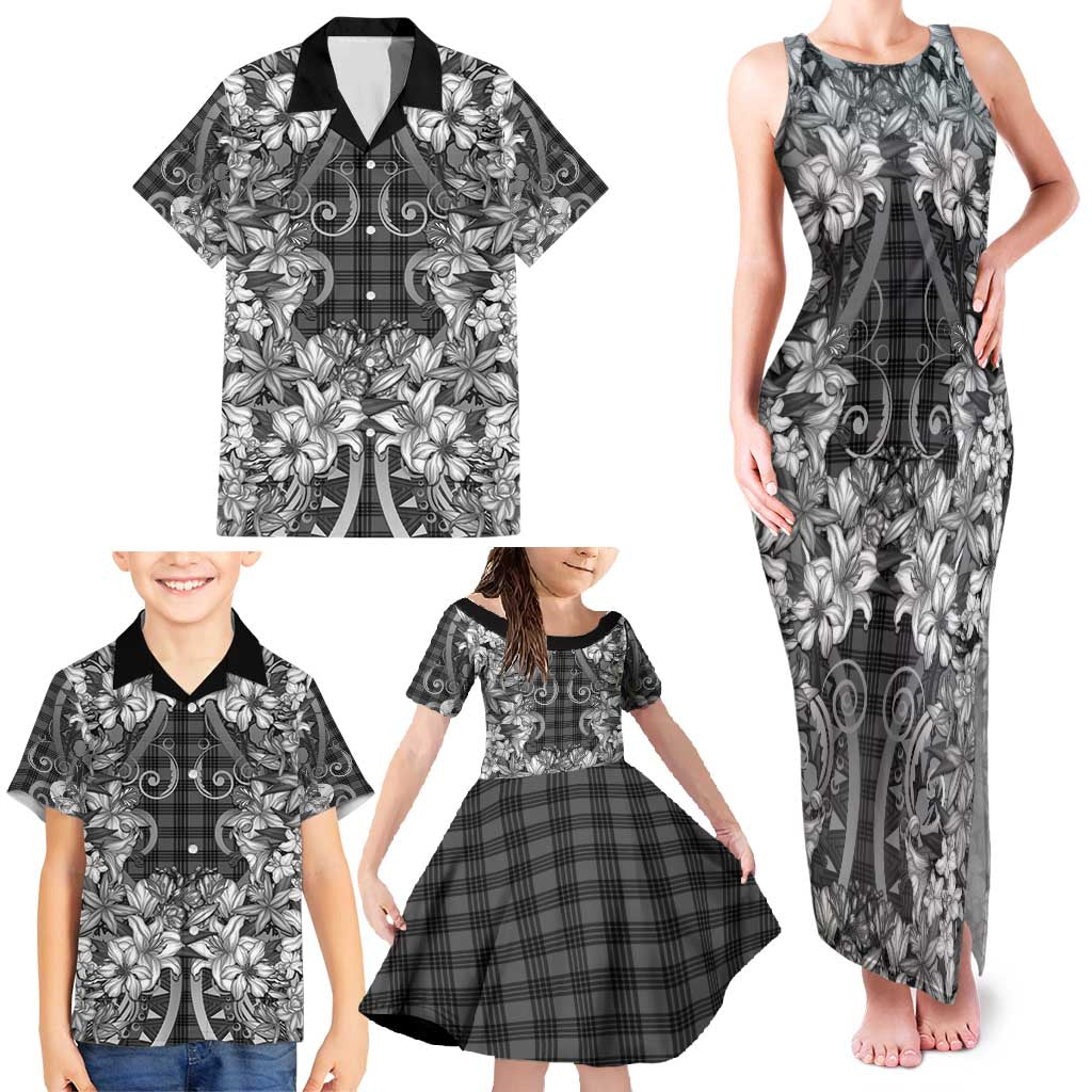 Hawaii Palaka Family Matching Tank Maxi Dress and Hawaiian Shirt Black Tribal Pattern With Tropical Flowers LT05 - Polynesian Pride
