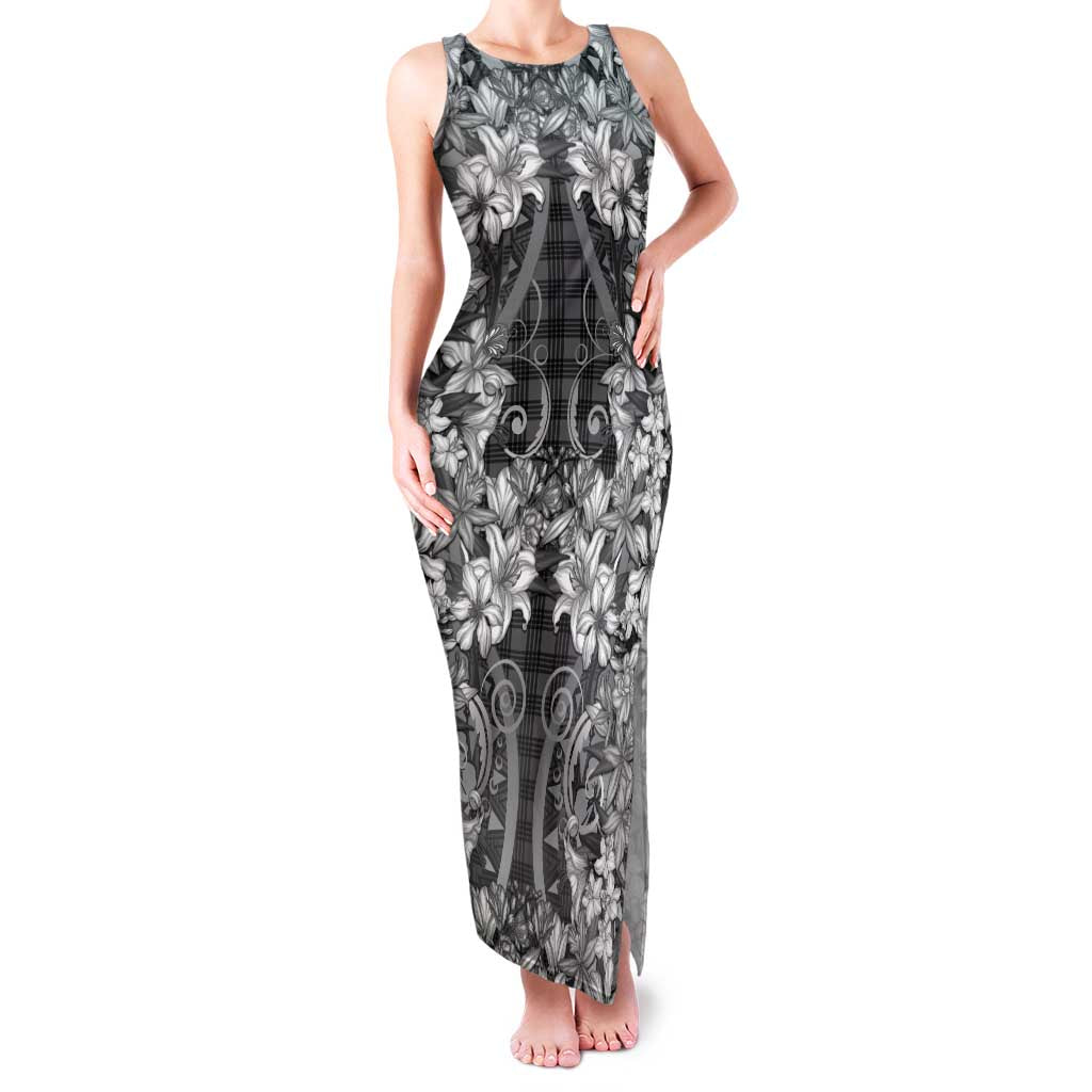 Hawaii Palaka Family Matching Tank Maxi Dress and Hawaiian Shirt Black Tribal Pattern With Tropical Flowers LT05 Mom's Dress Black - Polynesian Pride