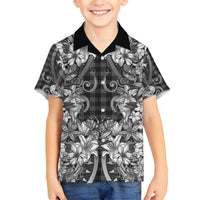 Hawaii Palaka Family Matching Tank Maxi Dress and Hawaiian Shirt Black Tribal Pattern With Tropical Flowers LT05 Son's Shirt Black - Polynesian Pride