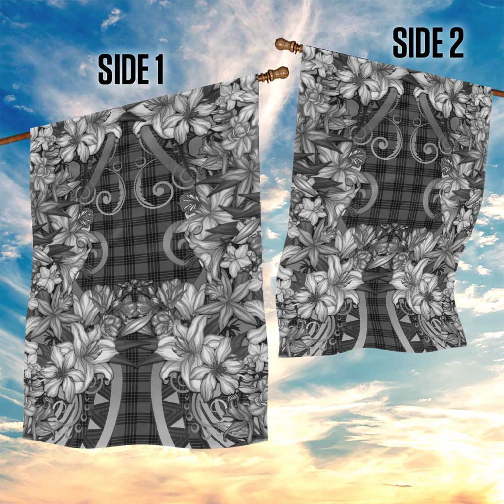 Hawaii Palaka Garden Flag Black Tribal Pattern With Tropical Flowers LT05 - Polynesian Pride