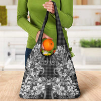 Hawaii Palaka Grocery Bag Black Tribal Pattern With Tropical Flowers LT05 - Polynesian Pride