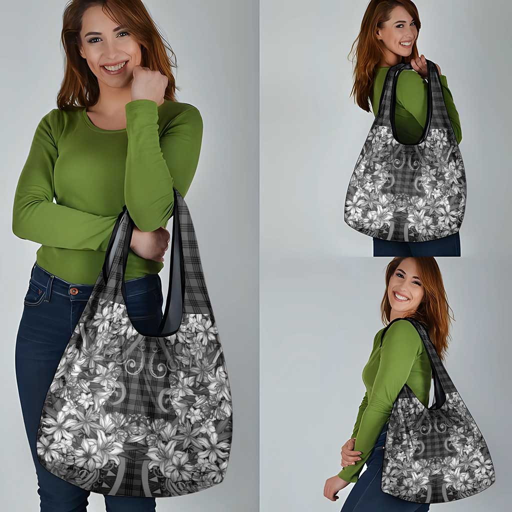 Hawaii Palaka Grocery Bag Black Tribal Pattern With Tropical Flowers LT05 - Polynesian Pride