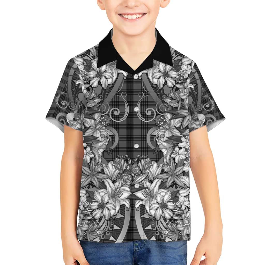Hawaii Palaka Kid Hawaiian Shirt Black Tribal Pattern With Tropical Flowers LT05 Kid Black - Polynesian Pride