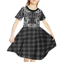 Hawaii Palaka Kid Short Sleeve Dress Black Tribal Pattern With Tropical Flowers - Polynesian Pride