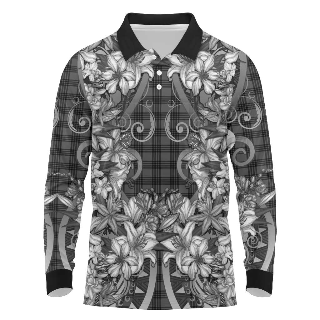 Hawaii Palaka Long Sleeve Polo Shirt Black Tribal Pattern With Tropical Flowers LT05 Black - Polynesian Pride