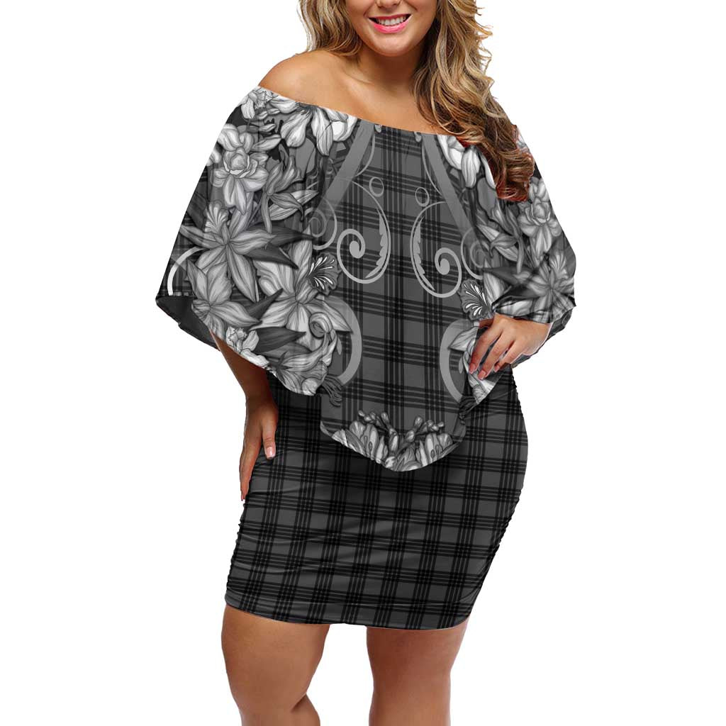 Hawaii Palaka Off Shoulder Short Dress Black Tribal Pattern With Tropical Flowers LT05 Women Black - Polynesian Pride