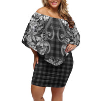 Hawaii Palaka Off Shoulder Short Dress Black Tribal Pattern With Tropical Flowers LT05 Women Black - Polynesian Pride