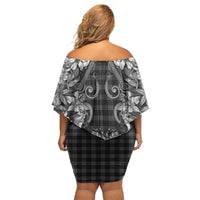 Hawaii Palaka Off Shoulder Short Dress Black Tribal Pattern With Tropical Flowers LT05 - Polynesian Pride