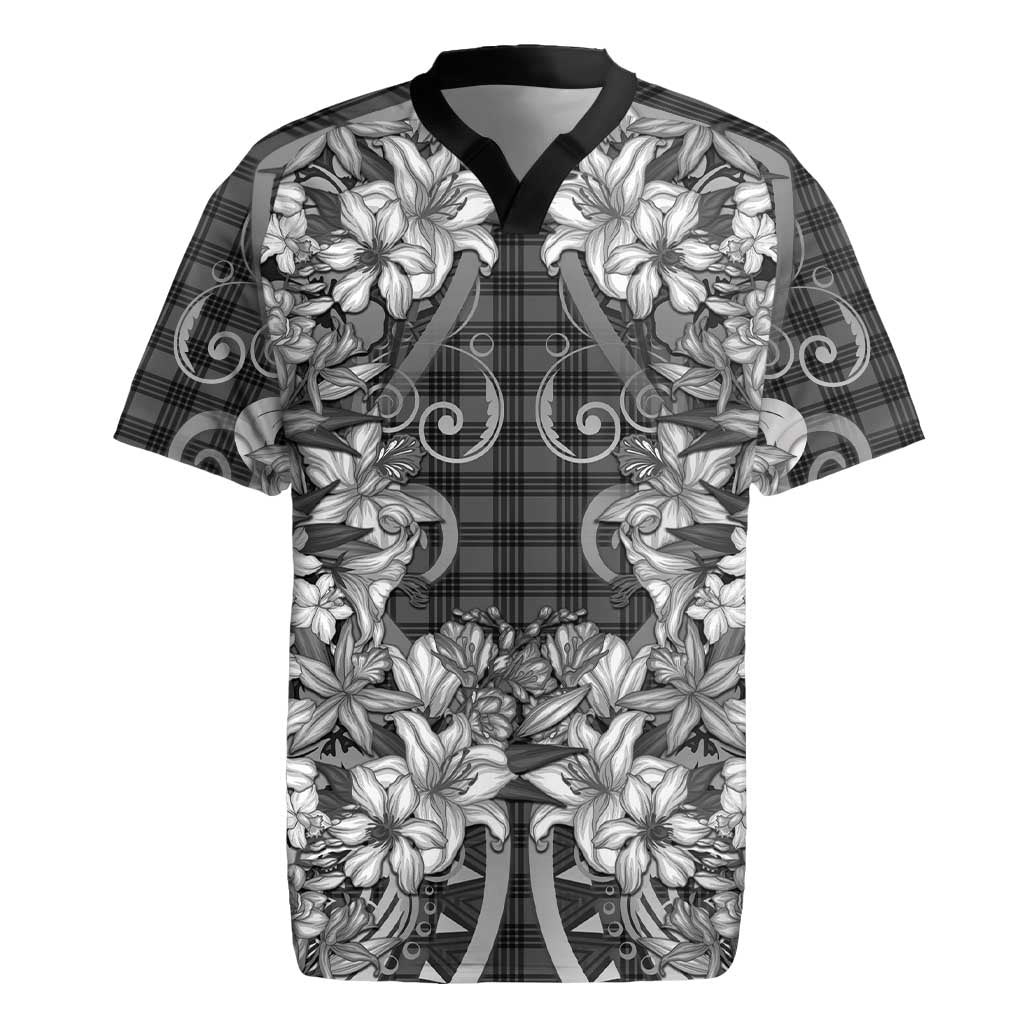 Hawaii Palaka Rugby Jersey Black Tribal Pattern With Tropical Flowers LT05 Black - Polynesian Pride